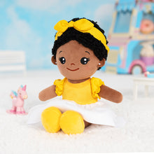 Load image into Gallery viewer, Personalized Yellow Deep Skin Tone Plush Baby Girl Doll