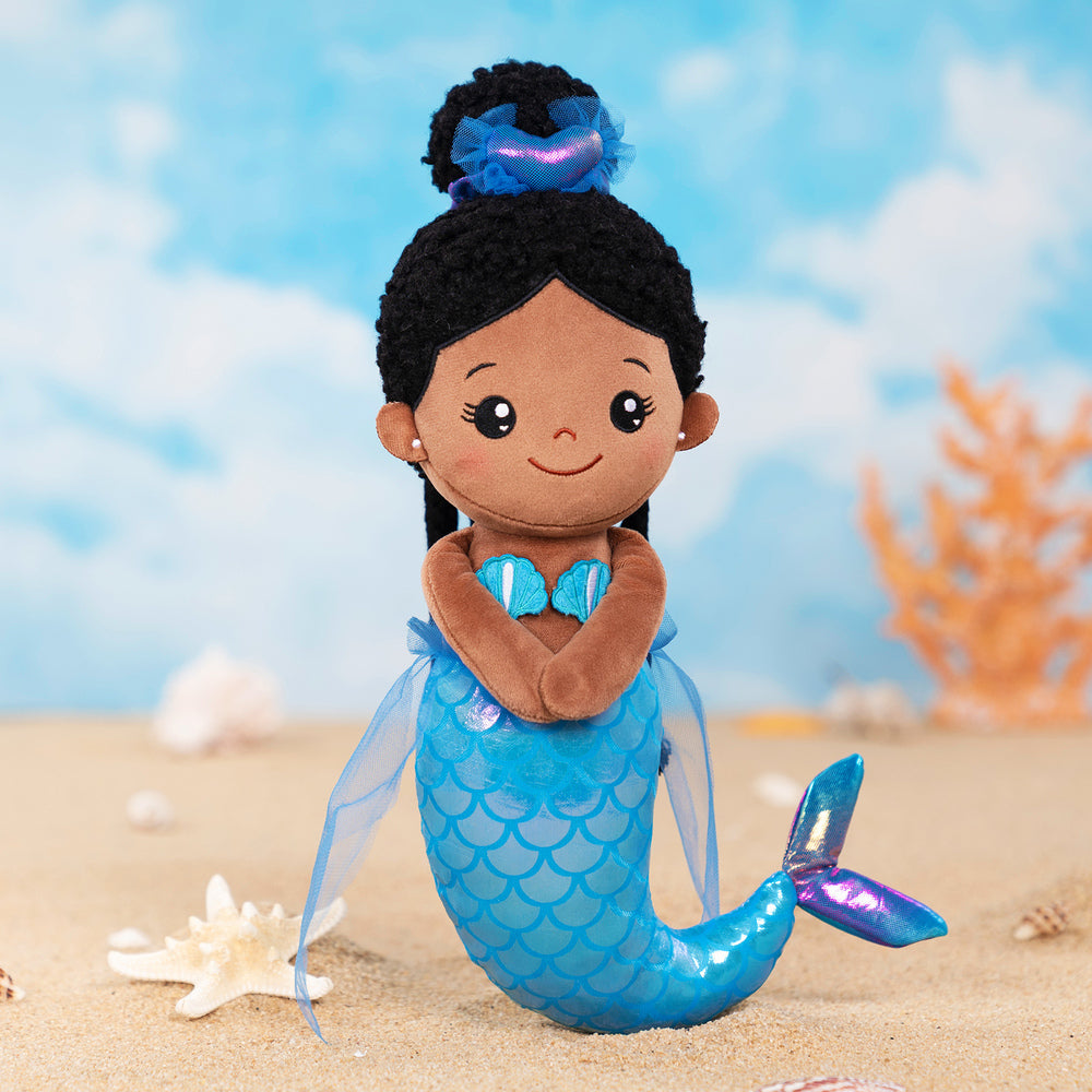 Personalized Deep Skin Tone Fantasy Mermaid Plush Baby Girl Doll