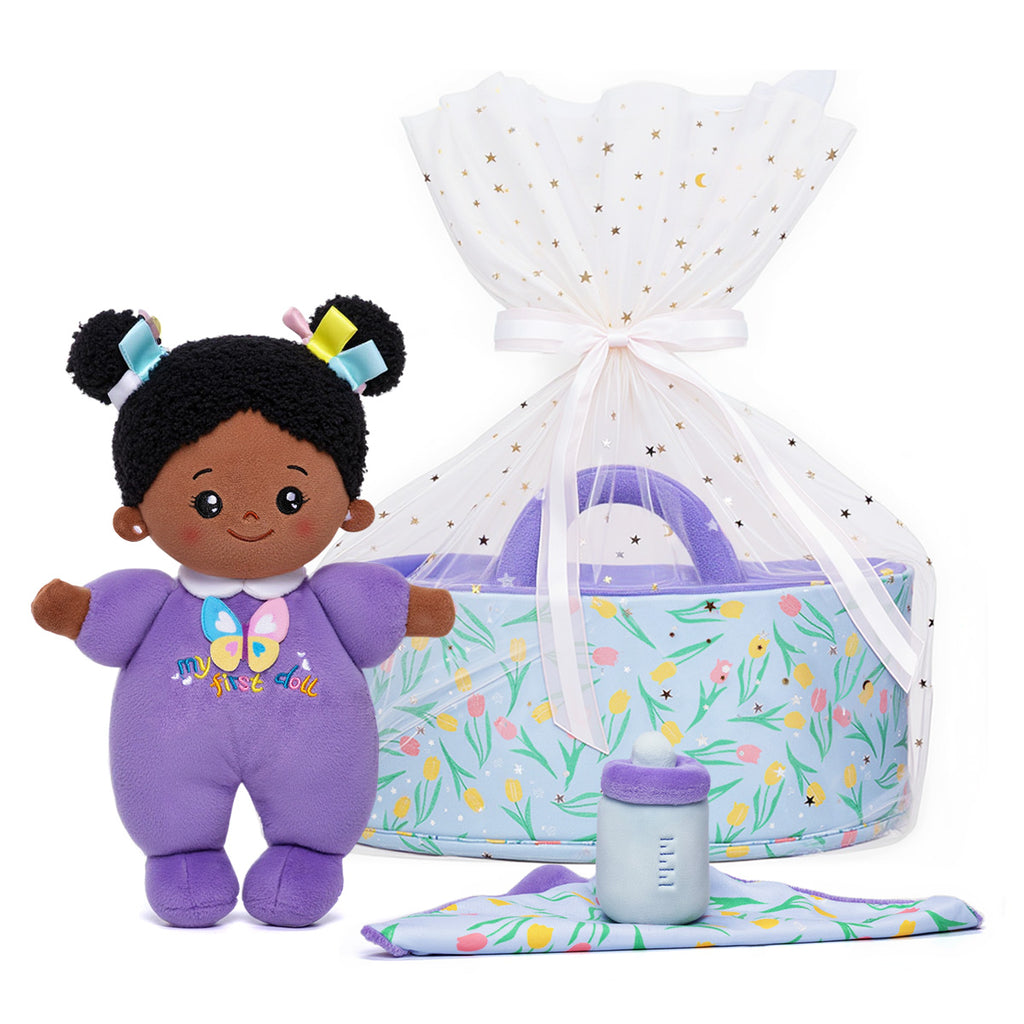 Bassinet Baby Doll - Name Personalizable, Tulle Ribbon Basket Wrap