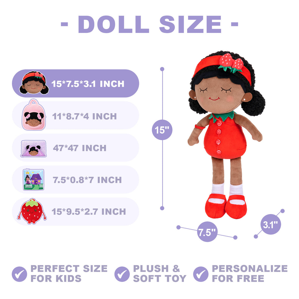 Personalized Deep Skin Tone Plush Red Strawberry Doll