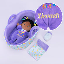 Load image into Gallery viewer, Personalized Purple Deep Skin Tone Mini Plush Baby Doll &amp; Gift Set