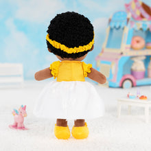 Load image into Gallery viewer, Personalized Yellow Deep Skin Tone Plush Baby Girl Doll