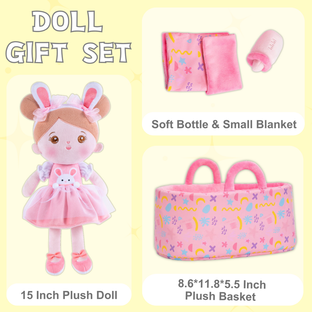 Personalized Pink Rabbit Girl Doll + Cloth Basket Gift Set