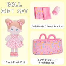 Load image into Gallery viewer, Personalized Pink Plaid Skirt Girl Doll + Cloth Basket Gift Set