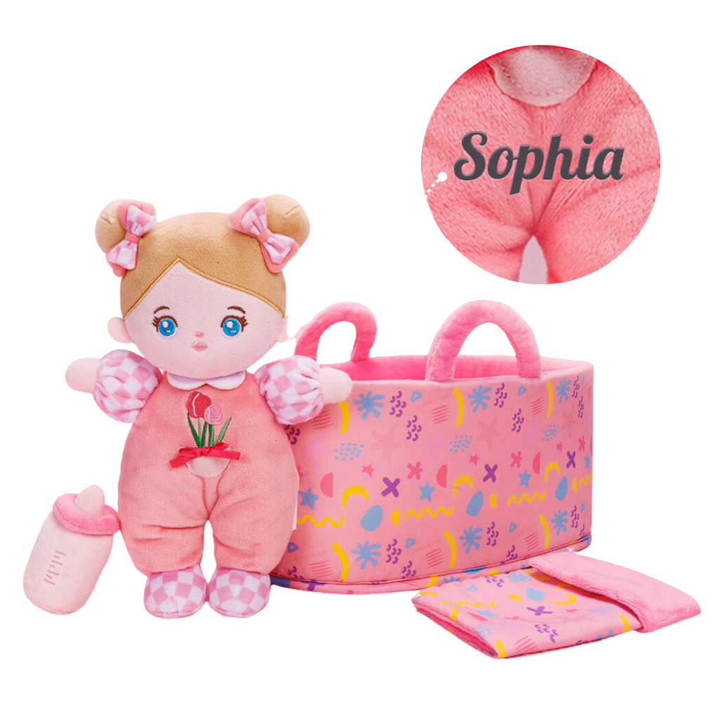 Personalized 10 Inch Plush Girl Doll Bassinet Gift Set