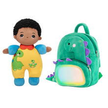 Load image into Gallery viewer, Personalized Dark Skin Tone Plush Baby Boy Doll with Dinosaur Romper