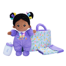 Load image into Gallery viewer, Personalized Purple Deep Skin Tone Mini Plush Baby Doll &amp; Gift Set