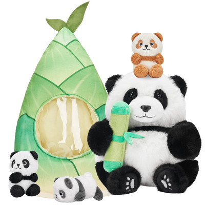 Panda Mommy Plush Stuffed Animal with 3 Babies in Bamboo Bag Set
