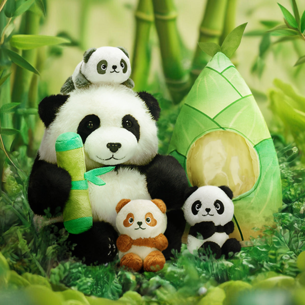 Panda Mommy Plush Stuffed Animal with 3 Babies in Bamboo Bag Set ...