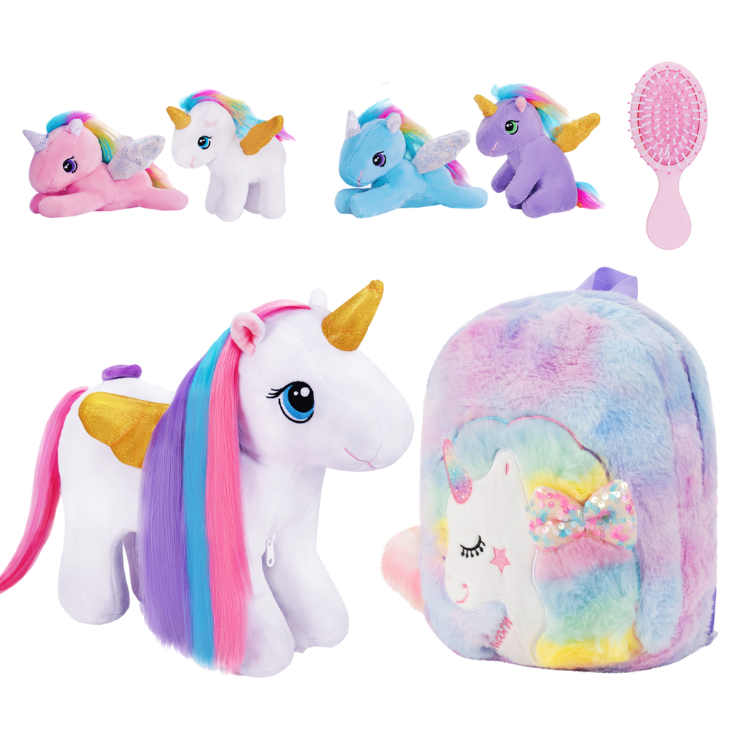 Rapunzelcorn Rainbow Hair Unicorn Mommy Stuffed Animal with 4 Babies