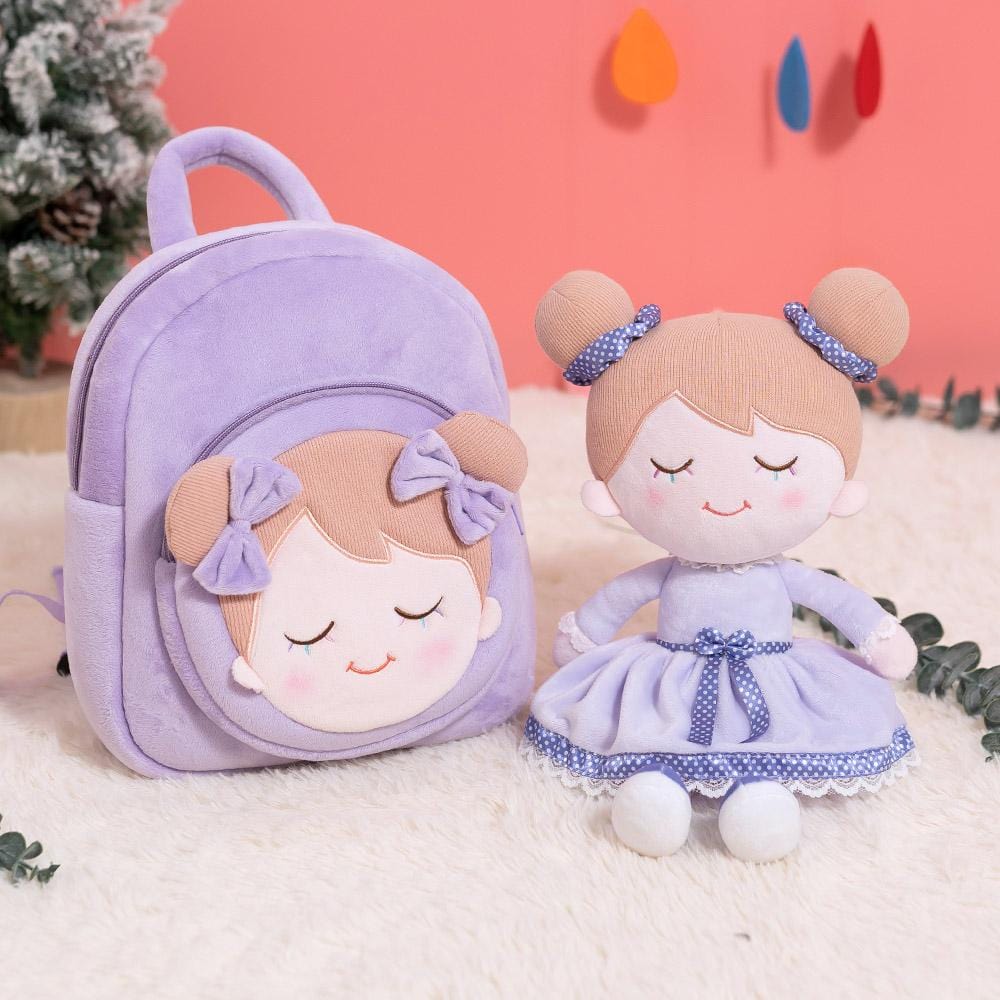 OUOZZZ Personalized Plush Doll Purple Rag Baby Doll Backpack for Newborn Baby & Toddler Light Purple Doll & Backpack