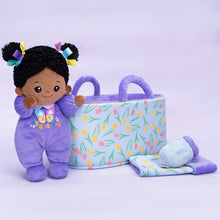 Load image into Gallery viewer, Personalized Purple Deep Skin Tone Mini Plush Baby Doll &amp; Gift Set