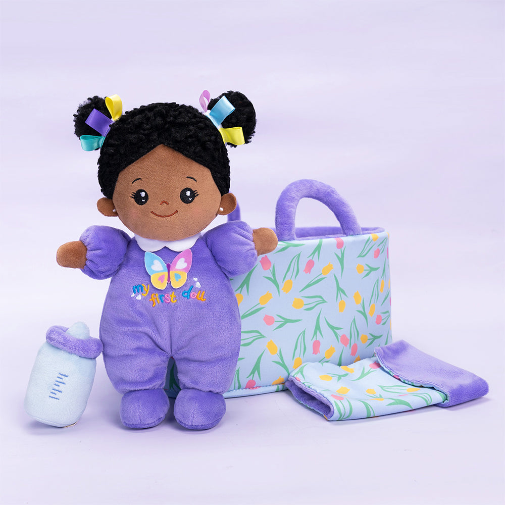 Personalized Purple Deep Skin Tone Mini Plush Baby Doll & Gift Set