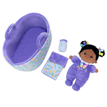 Load image into Gallery viewer, Personalized Purple Deep Skin Tone Mini Plush Baby Doll &amp; Gift Set