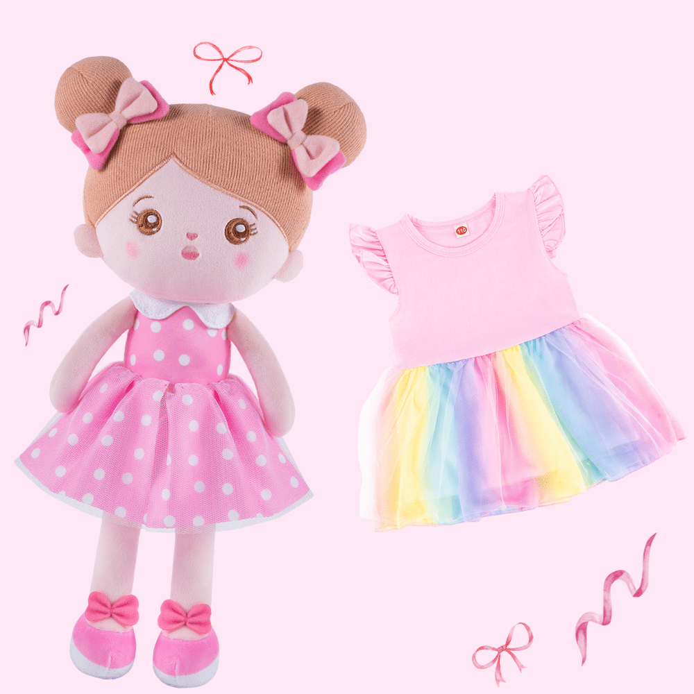 OUOZZZ Personalized Abby Pink Doll with Pink Baby Rainbow Dress Doll + Dress / 90